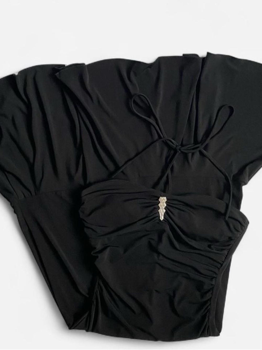 Vintage Y2K slinky black asymmetrical halter midi dress